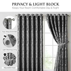 Jacquard Curtains Dark Grey – Fully Lined Ring Top Curtains with Tie Backs