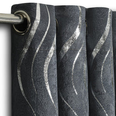 Silver Wave Foil Print Curtains Grey – Room Darkening, Thermal Eyelet Curtains with Tie Backs