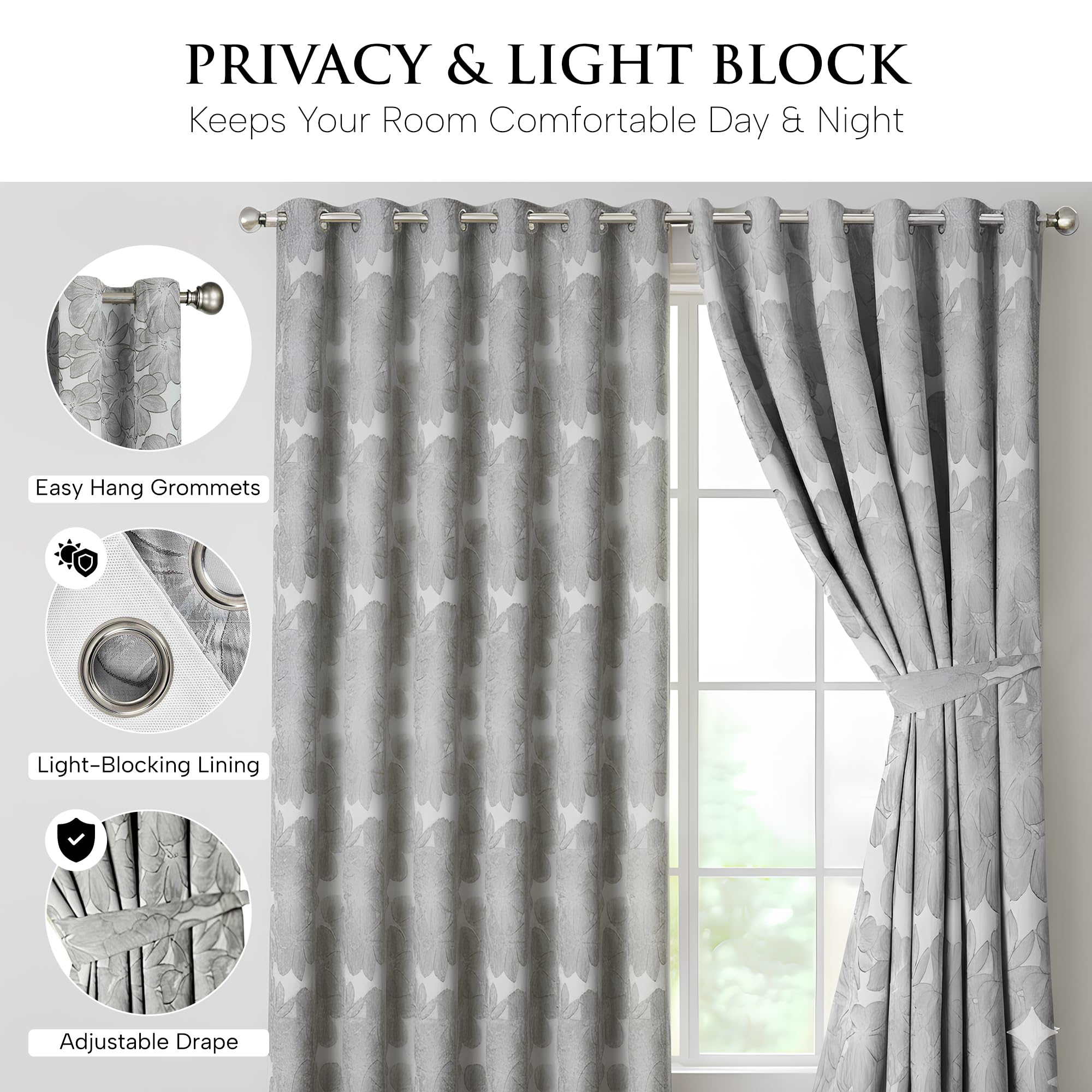 Jacquard Curtains – Fully Lined Ring Top with Tie Backs