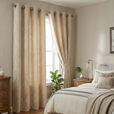 Damask Print Curtains Beige – Room Darkening, Thermal Eyelet Curtains with Tie Backs