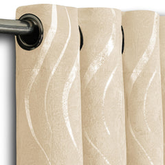 Silver Wave Foil Print Curtains Beige – Room Darkening, Thermal Eyelet Curtains with Tie Backs