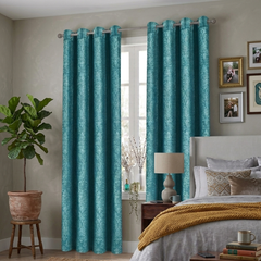 Embossed Woven Thermal Curtains Teal – Room Darkening Eyelet Curtains with Tie Backs