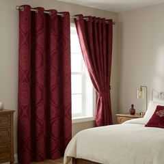 Damask Print Curtains Burgundy – Room Darkening, Thermal Eyelet Curtains with Tie Backs