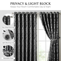 OpulentDreams Jacquard Curtains - Heavy Ring Top Window Curtains for Bedroom & Living Room - Fully Lined - Includes Two Tie Backs - Pair of Panels - Opulent Dreams