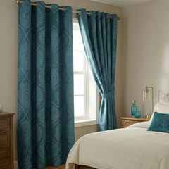 Damask Print Curtains Teal – Room Darkening, Thermal Eyelet Curtains with Tie Backs
