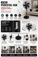Opulent Dreams 16-Inch Pedestal Fan - Superior Cooling with 3-Speed Settings - 5 Blades - Push Button Control - High Velocity - Height Adjustable - Wide-Angle Oscillation