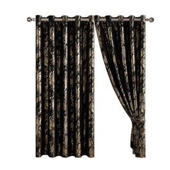 Abstract Metallic Velvet Curtains Black – Foil Print, Fully Lined & Room Darkening