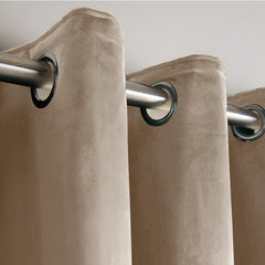 Crushed Velvet Curtains Beige – Fully Lined, Room Darkening Eyelet Curtains with Tie Backs