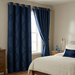 Damask Print Curtains Navy – Room Darkening, Thermal Eyelet Curtains with Tie Backs