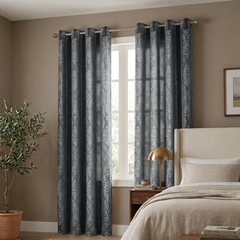 Embossed Woven Thermal Curtains Grey Charcoal – Room Darkening Eyelet Curtains with Tie Backs