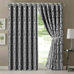 Jacquard Curtains Dark Grey – Fully Lined Ring Top Curtains with Tie Backs