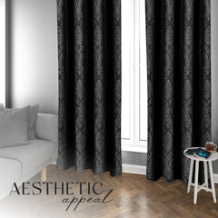 Embossed Woven Thermal Curtains Black – Room Darkening Eyelet Curtains with Tie Backs