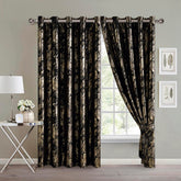 Abstract Metallic Velvet Curtains Black – Foil Print, Fully Lined & Room Darkening