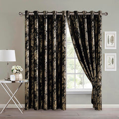 Abstract Metallic Velvet Curtains Black – Foil Print, Fully Lined & Room Darkening