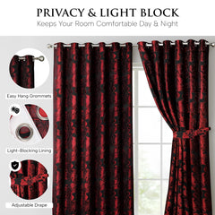 Jacquard Curtains Red – Fully Lined Ring Top Curtains with Tie Backs