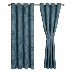 Damask Print Curtains Teal – Room Darkening, Thermal Eyelet Curtains with Tie Backs