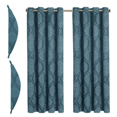 Damask Print Curtains Teal – Room Darkening, Thermal Eyelet Curtains with Tie Backs