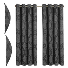 Damask Print Curtains Grey – Room Darkening, Thermal Eyelet Curtains with Tie Backs