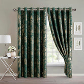 Abstract Metallic Velvet Curtains Green Emerald – Foil Print, Fully Lined & Room Darkening