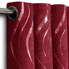 Silver Wave Foil Print Curtains Burgundy – Room Darkening, Thermal Eyelet Curtains with Tie Backs