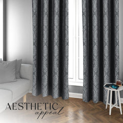 Embossed Woven Thermal Curtains Grey Charcoal – Room Darkening Eyelet Curtains with Tie Backs