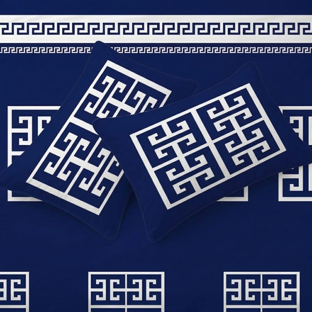 Opulent Living Luxury Greek Key Bedding Set – Geometric Duvet Cover, Fitted Sheet & Pillowcases, Soft Microfibre Bedding Collection