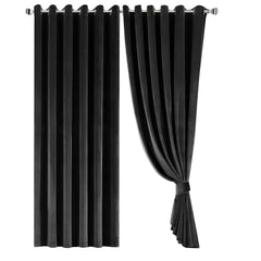 Crushed Velvet Curtains Black – Fully Lined, Room Darkening Eyelet Curtains with Tie Backs