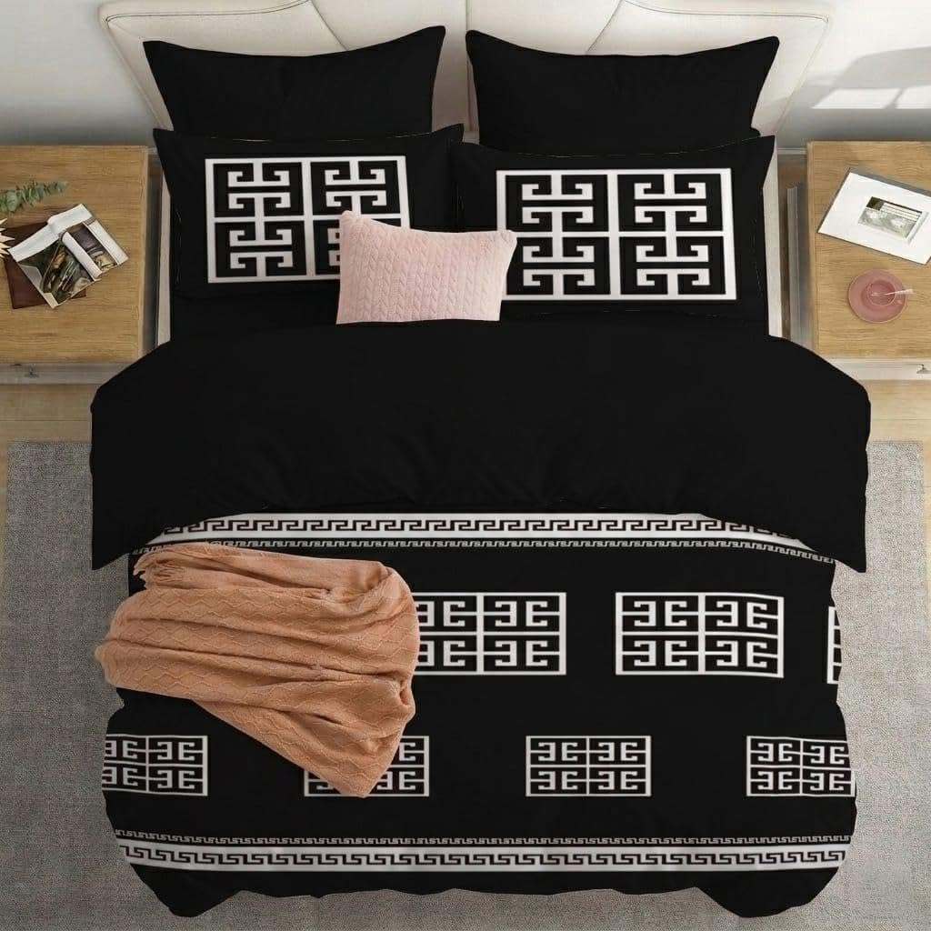 Opulent Living Luxury Greek Key Bedding Set – Geometric Duvet Cover, Fitted Sheet & Pillowcases, Soft Microfibre Bedding Collection
