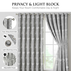Jacquard Curtains Light Grey – Fully Lined Ring Top Curtains with Tie Backs