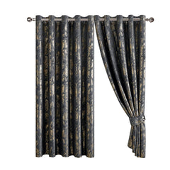 Abstract Metallic Velvet Curtains Charcoal – Foil Print, Fully Lined & Room Darkening
