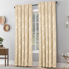 Silver Wave Foil Print Curtains Beige – Room Darkening, Thermal Eyelet Curtains with Tie Backs