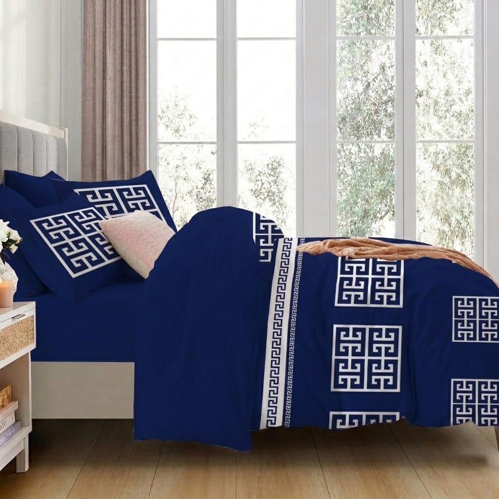 Opulent Living Luxury Greek Key Bedding Set – Geometric Duvet Cover, Fitted Sheet & Pillowcases, Soft Microfibre Bedding Collection