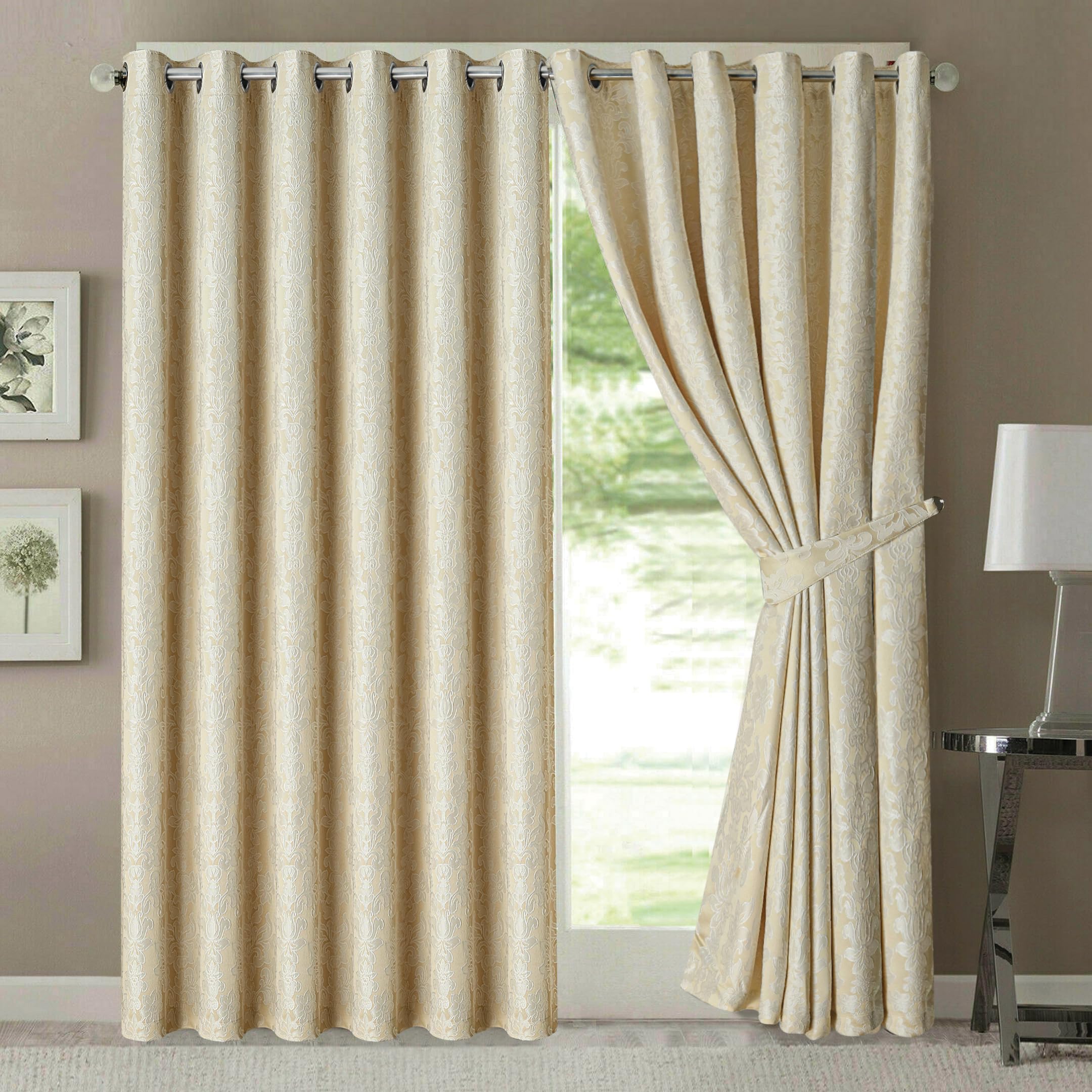 OpulentDreams Jacquard Curtains - Heavy Ring Top Window Curtains for Bedroom & Living Room - Fully Lined - Includes Two Tie Backs - Pair of Panels - Opulent Dreams
