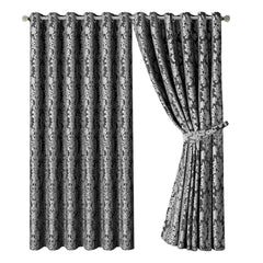 Jacquard Curtains Dark Grey – Fully Lined Ring Top Curtains with Tie Backs