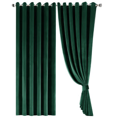 Crushed Velvet Curtains Green Emerald – Fully Lined, Room Darkening Eyelet Curtains with Tie Backs