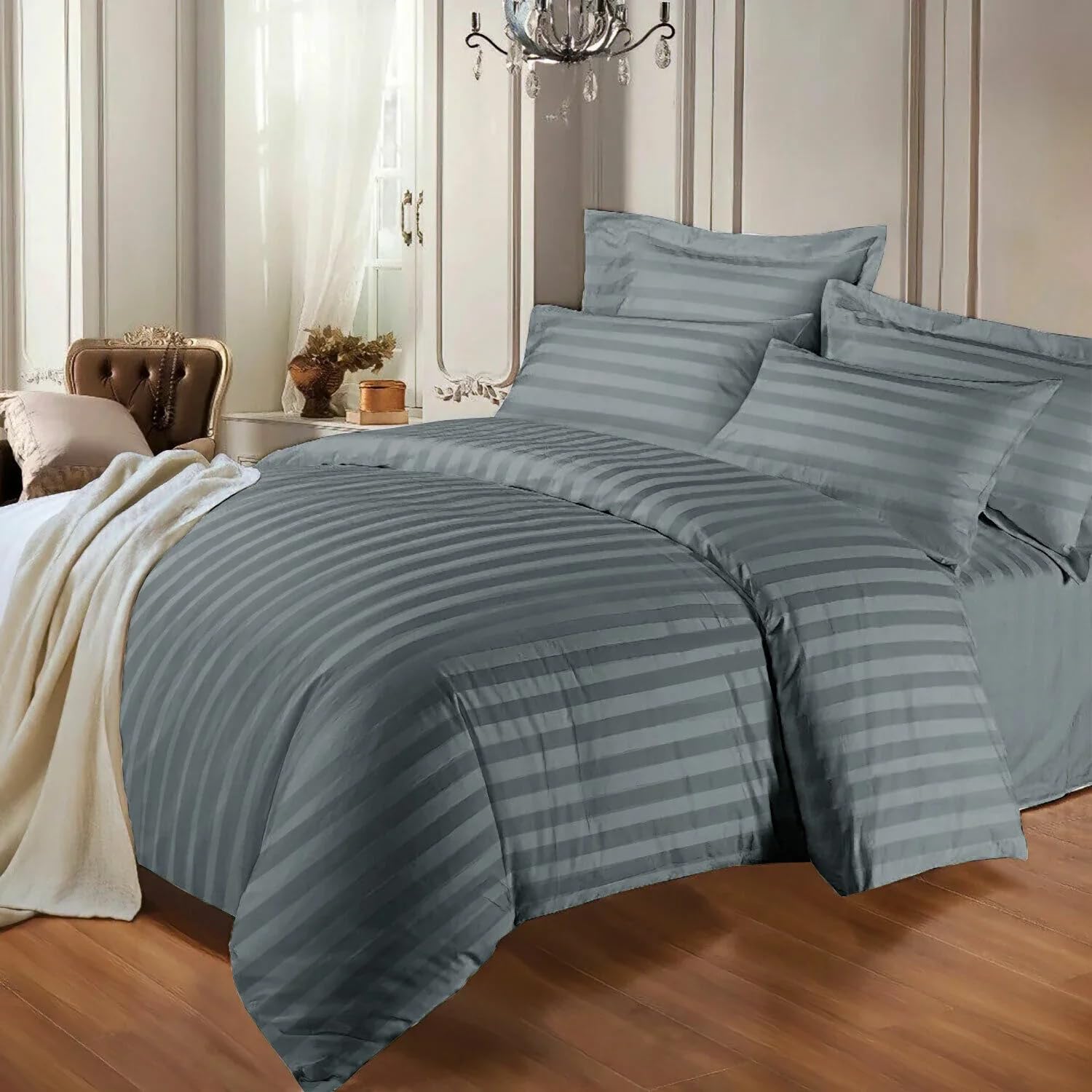 Opulent Living Duvet Cover Set With Pillowcases, Soft Egyptian Cotton Microfiber Bedding Set, Striped Quilt Cover Set, Breathable Easy Care Bedding