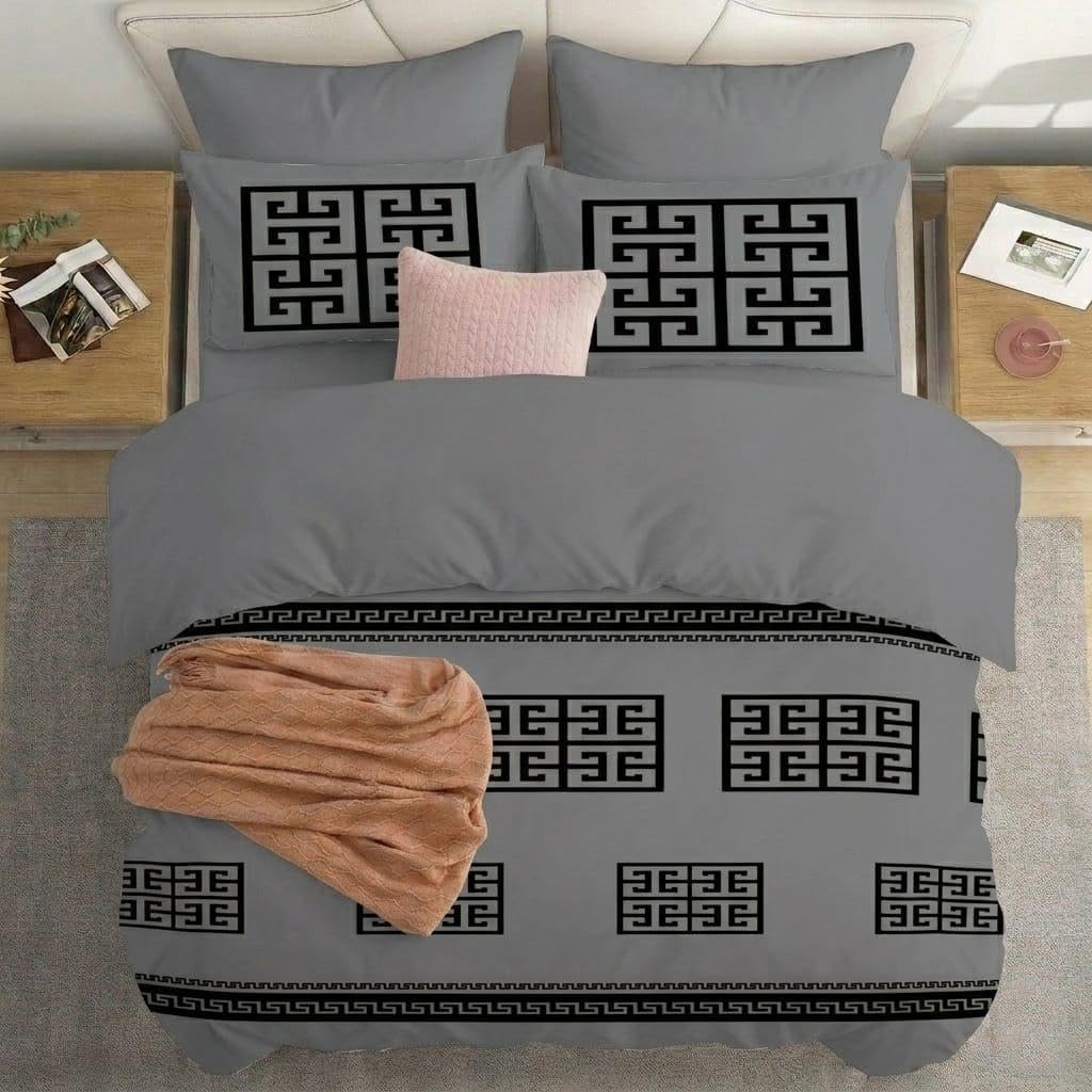 Opulent Living Luxury Greek Key Bedding Set – Geometric Duvet Cover, Fitted Sheet & Pillowcases, Soft Microfibre Bedding Collection