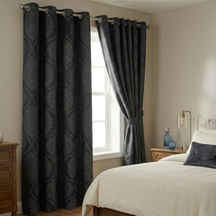 Damask Print Curtains Grey – Room Darkening, Thermal Eyelet Curtains with Tie Backs