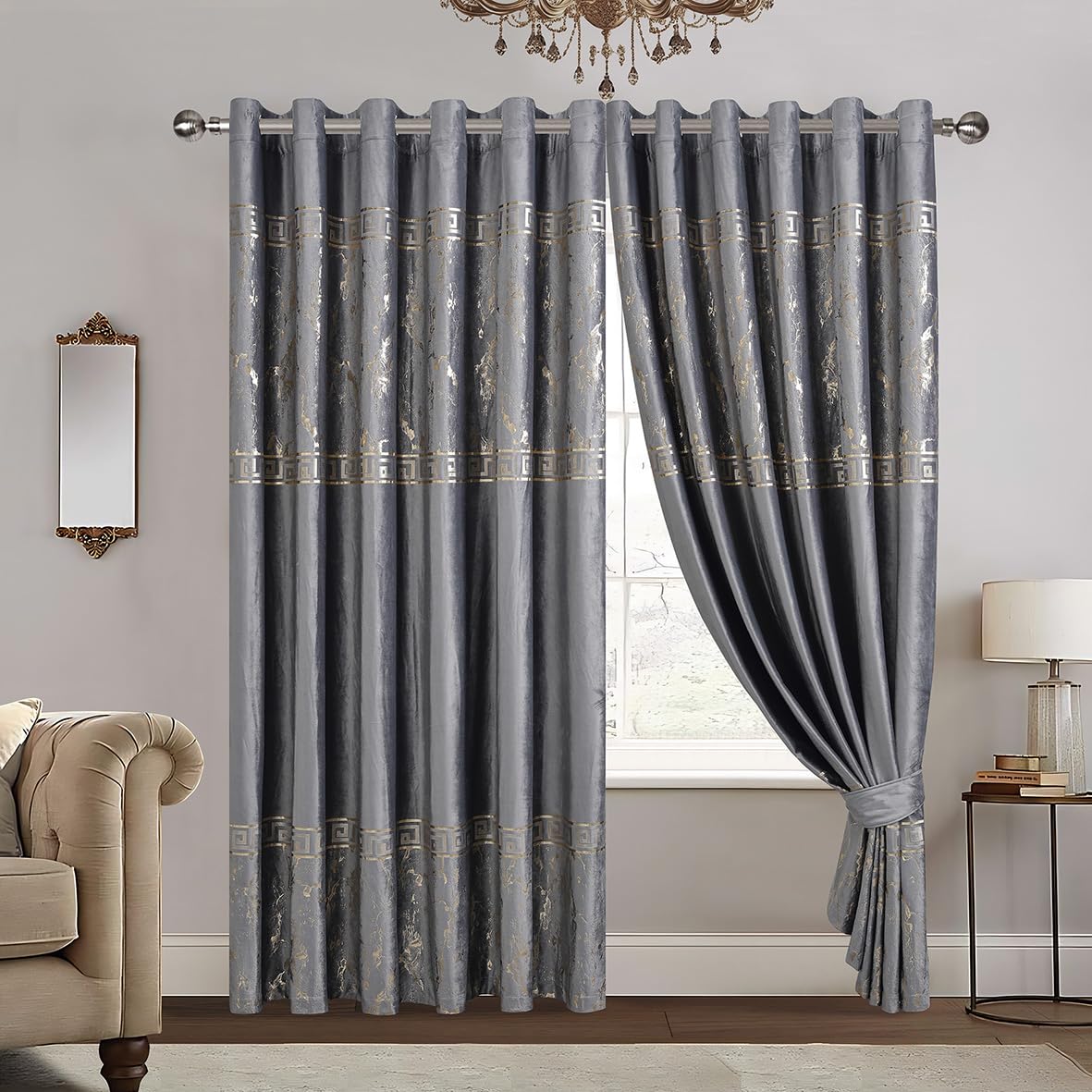 Luxury Greek Key Velvet Curtains – Pair
