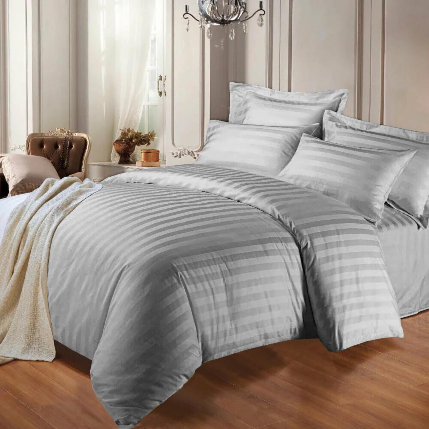 Opulent Living Duvet Cover Set With Pillowcases, Soft Egyptian Cotton Microfiber Bedding Set, Striped Quilt Cover Set, Breathable Easy Care Bedding