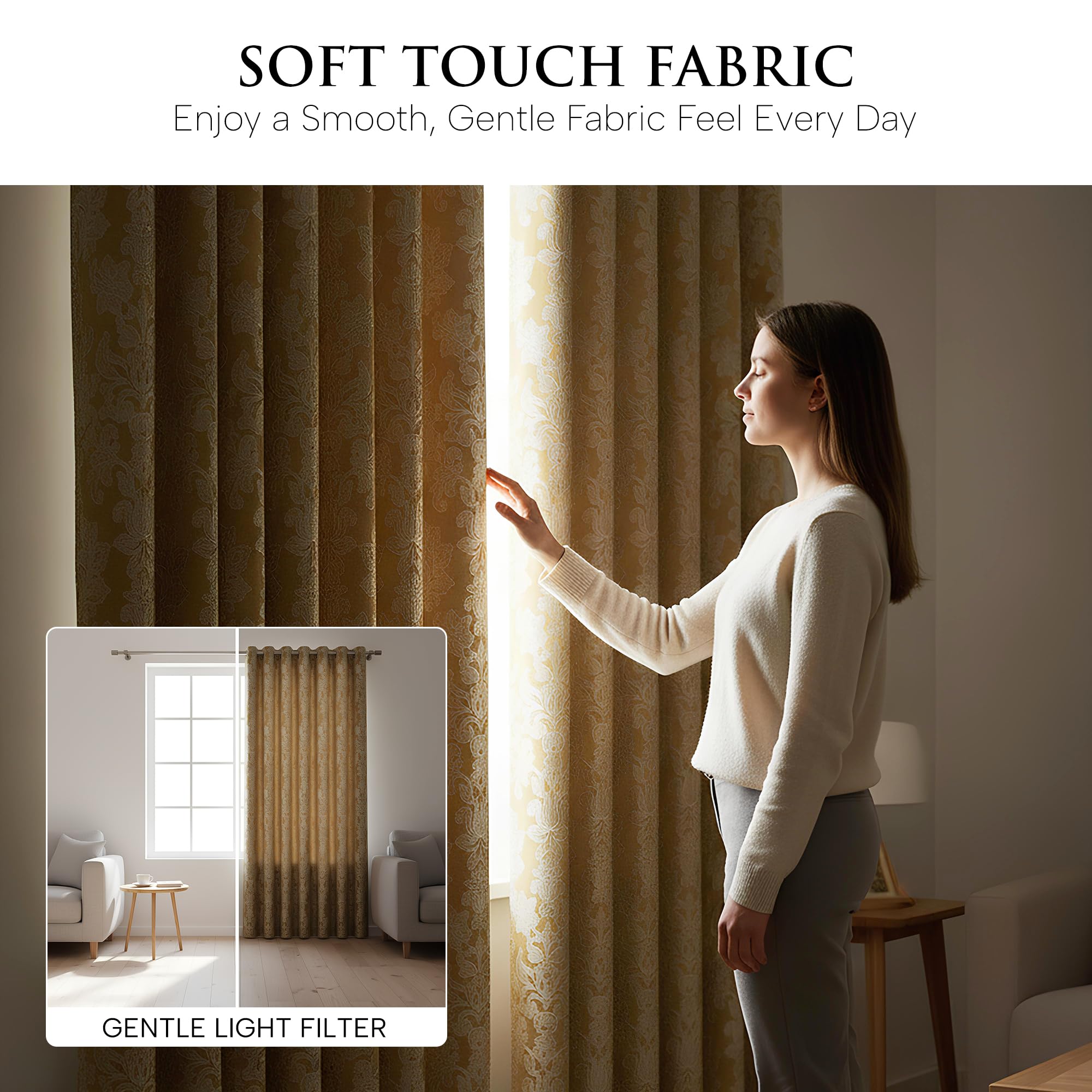 OpulentDreams Jacquard Curtains - Heavy Ring Top Window Curtains for Bedroom & Living Room - Fully Lined - Includes Two Tie Backs - Pair of Panels - Opulent Dreams