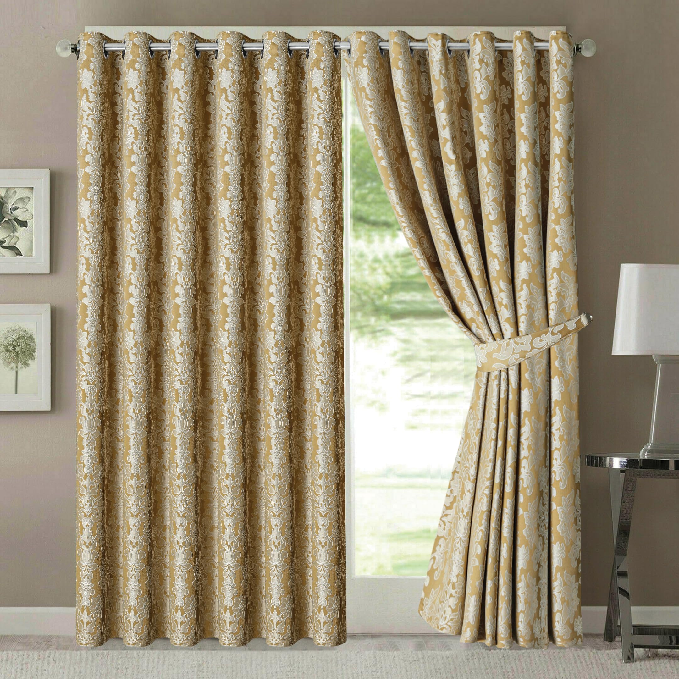 OpulentDreams Jacquard Curtains - Heavy Ring Top Window Curtains for Bedroom & Living Room - Fully Lined - Includes Two Tie Backs - Pair of Panels - Opulent Dreams