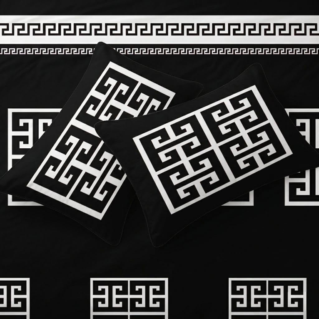 Opulent Living Luxury Greek Key Bedding Set – Geometric Duvet Cover, Fitted Sheet & Pillowcases, Soft Microfibre Bedding Collection