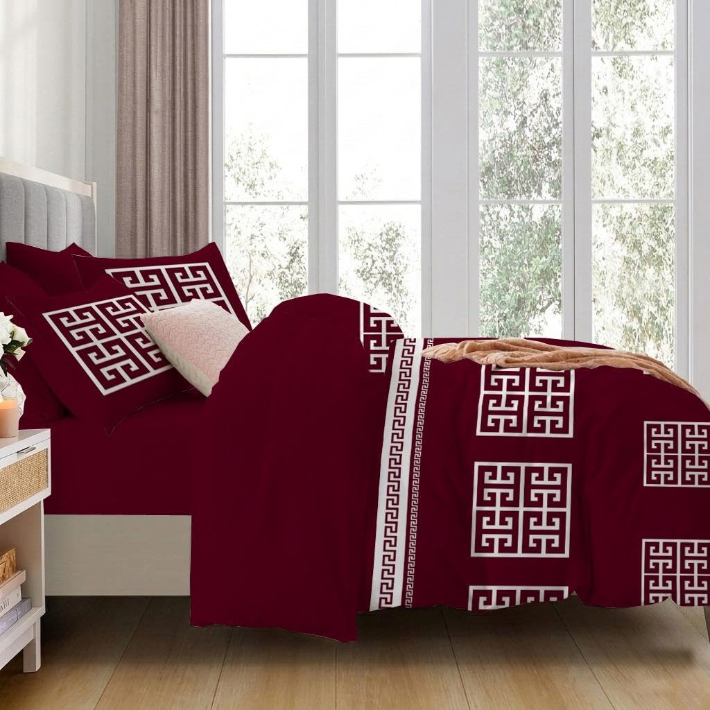 Opulent Living Luxury Greek Key Bedding Set – Geometric Duvet Cover, Fitted Sheet & Pillowcases, Soft Microfibre Bedding Collection