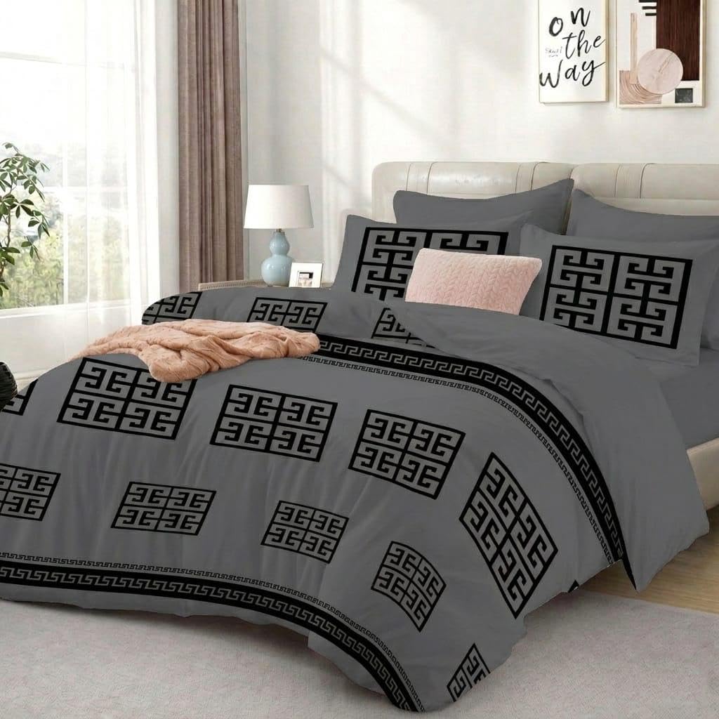 Opulent Living Luxury Greek Key Bedding Set – Geometric Duvet Cover, Fitted Sheet & Pillowcases, Soft Microfibre Bedding Collection