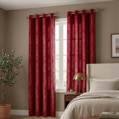 Embossed Woven Thermal Curtains Red – Room Darkening Eyelet Curtains with Tie Backs