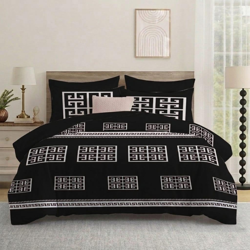 Opulent Living Luxury Greek Key Bedding Set – Geometric Duvet Cover, Fitted Sheet & Pillowcases, Soft Microfibre Bedding Collection