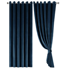 Crushed Velvet Curtains Navy – Fully Lined, Room Darkening Eyelet Curtains with Tie Backs