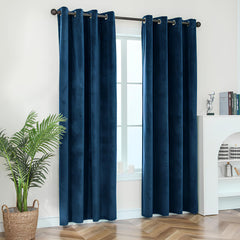 Crushed Velvet Curtains Navy – Fully Lined, Room Darkening Eyelet Curtains with Tie Backs