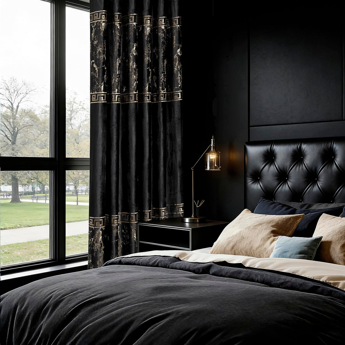 Luxury Greek Key Velvet Curtains – Pair